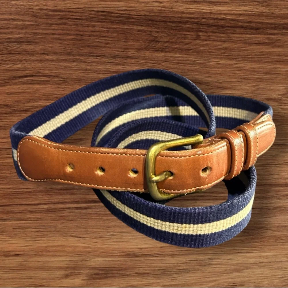 Vintage COACH Preppy Tab Belt Size 40 Natural Linen Navy Leather Brass 3822 - Picture 1 of 6